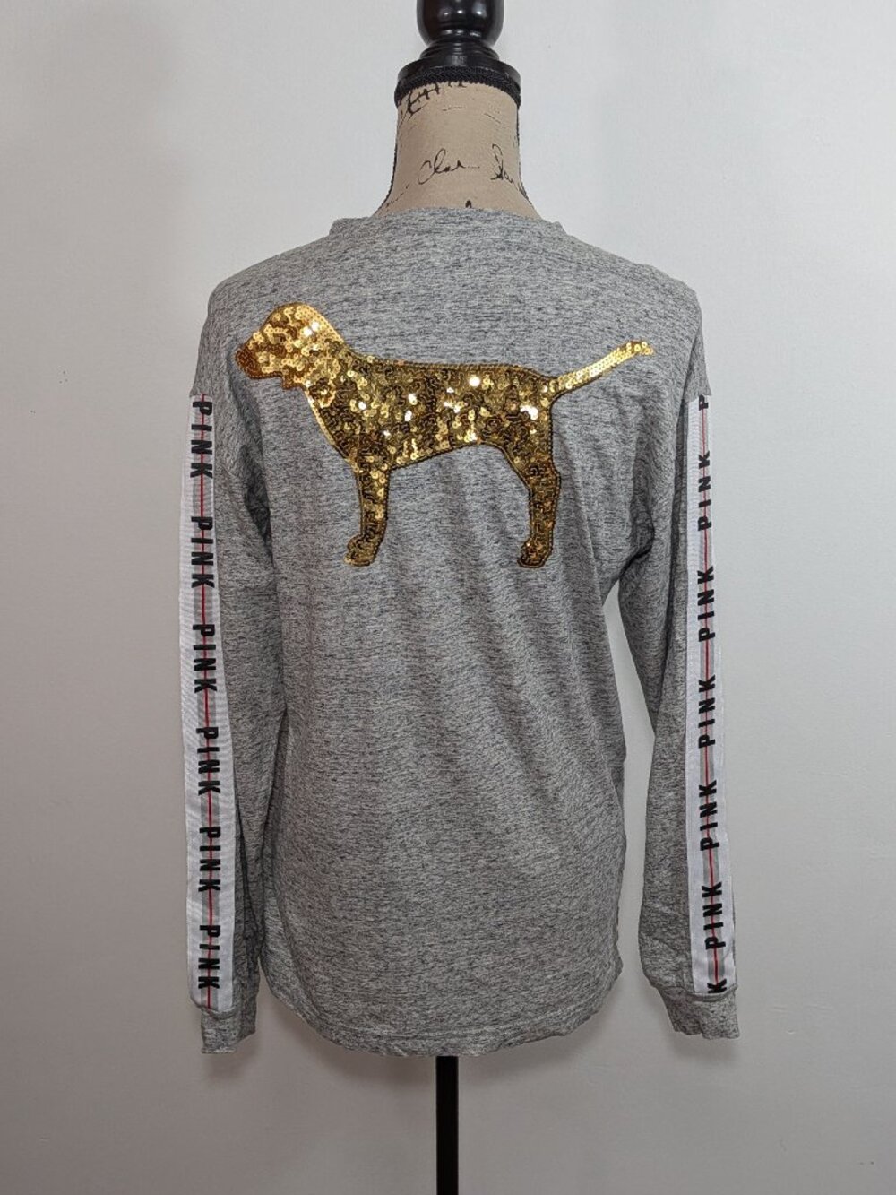 Victoria's Secret Pink Bling Campus Shirt Long Sleeve Gray Gold Dog Sequins XS